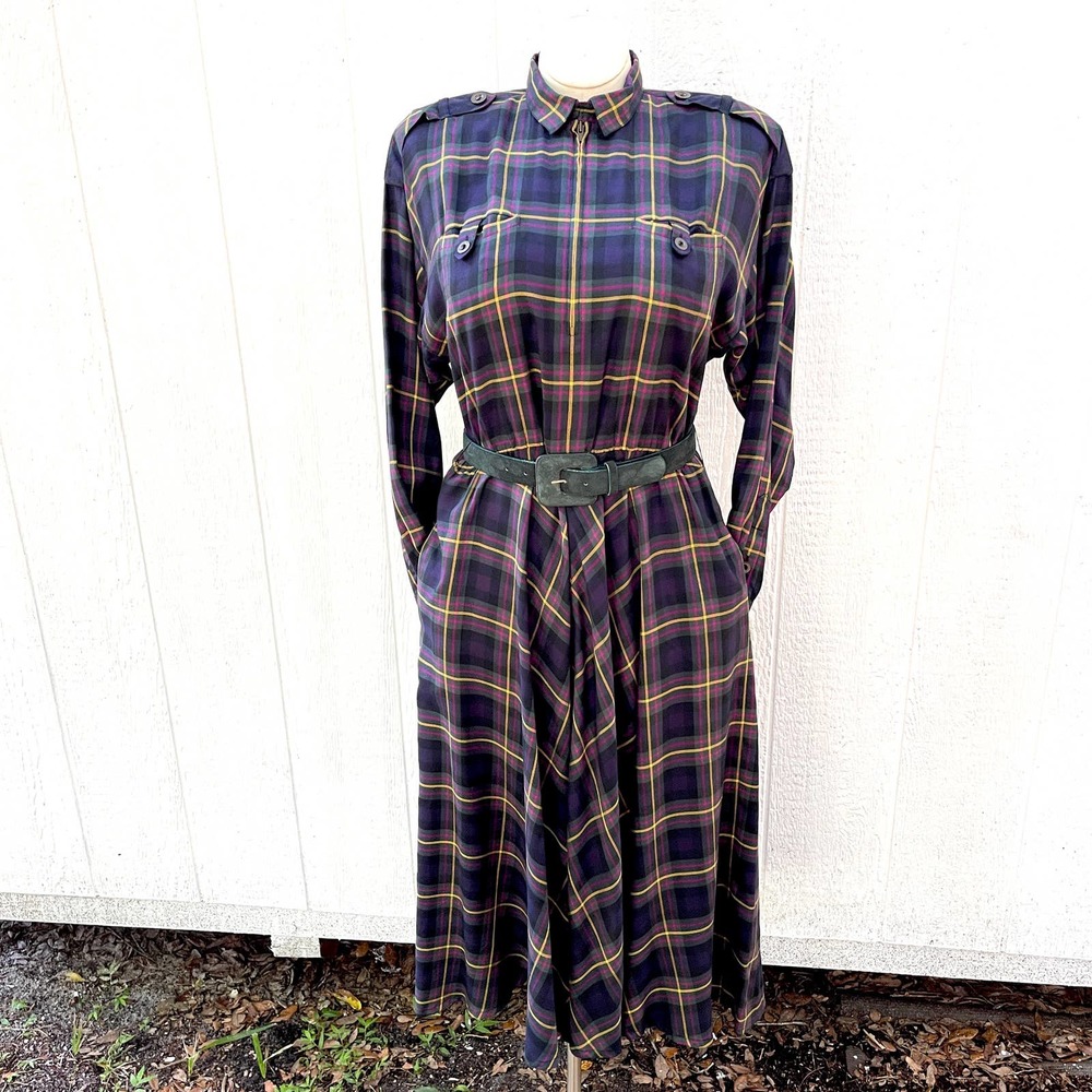 Vintage 90s Blue Plaid Maxi Dress Leather Belt Metal Zip Grunge Liz Claiborne 10